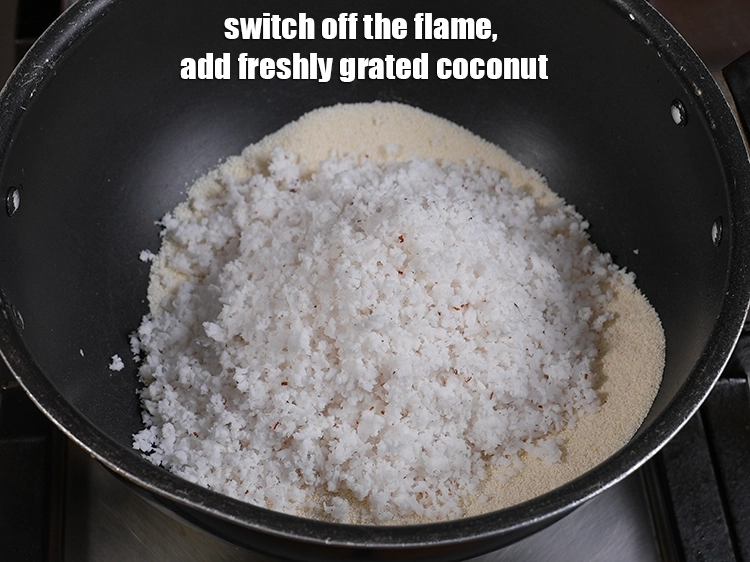 Step 3 – <p>Switch off the flame, add the freshly grated coconut.</p>