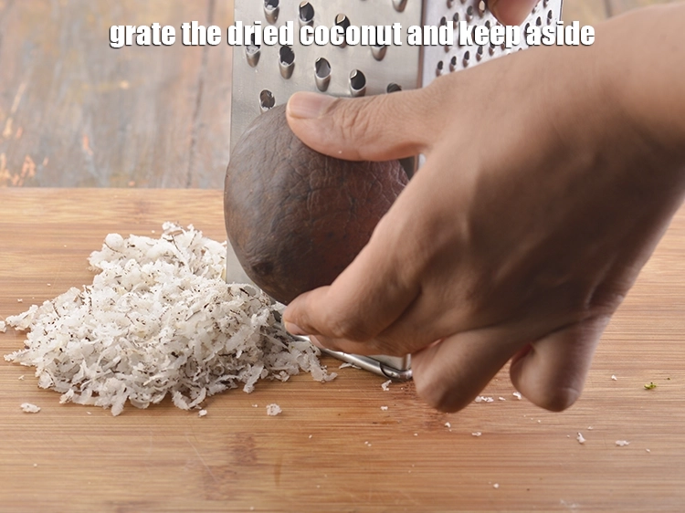 Step 7 – <p>Grate the dried coconut and keep aside. Use only dried coconut or “Khopra” to make …