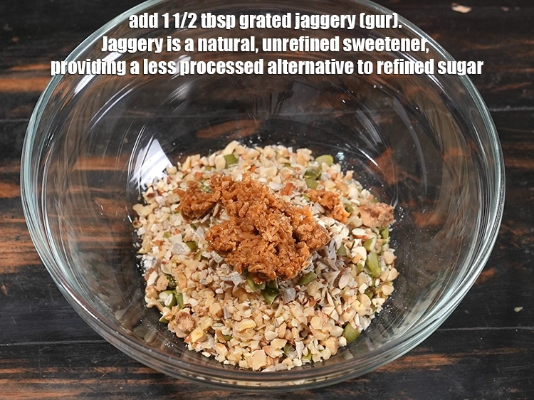 Step 8 – <p>Add 1 1/2 tbsp <a href="/glossary-jaggery-gur-gud-kala-gud-477i#ing_2806"><u>grated jaggery (gur)</u></a><u>.</u> <span style="color:rgb(0,0,0);">Jaggery is a natural, unrefined sweetener, …