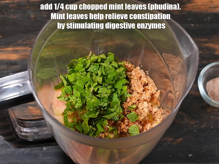 Step 9 – <p>Add 1/4 cup <a href="/myadmin/recipe/7912/ingredient/80220/edit/"><u>chopped mint leaves (phudina)</u></a><u>.</u> Mint leaves help relieve constipation by stimulating …