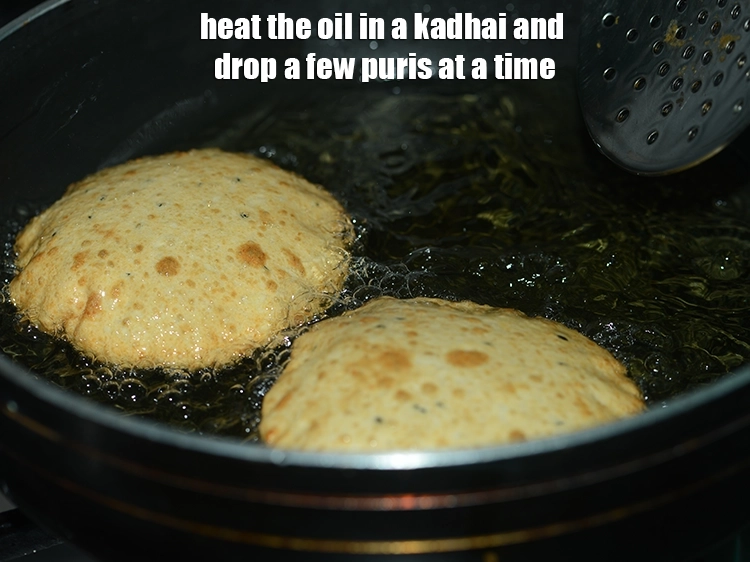 Step 22 – <p>To deep-fry urad dal puri, heat the oil in a kadhai and drop a few …