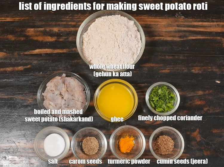 Step 1 – <p><i>See below image of list of ingredients for Sweet Potato Roti.</i></p>