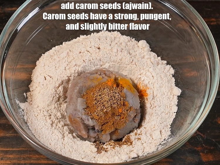 Step 6 – <p>Add 1/4 tsp <a href="/glossary-carom-seeds-ajwain-Thymol-seeds-bishops-weed-266i"><u>carom seeds (ajwain)</u></a><u>.</u> <span style="color:rgb(0,0,0);">Carom seeds have a strong, pungent, and …