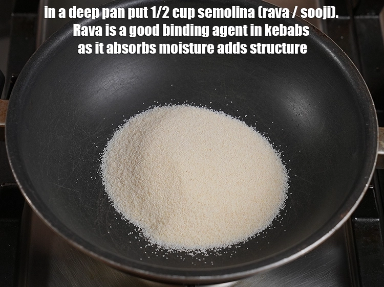 Step 7 – <p><span style="background-color:rgb(255,255,255);color:rgb(34,34,34);">In a deep pan put </span>1/2 cup <a href="https://www.tarladalal.com/glossary-semolina-sooji-rava-rawa-603i"><u>semolina (rava / sooji)</u></a><u>.</u> <span style="background-color:rgb(255,255,255);color:rgb(34,34,34);">Rava …