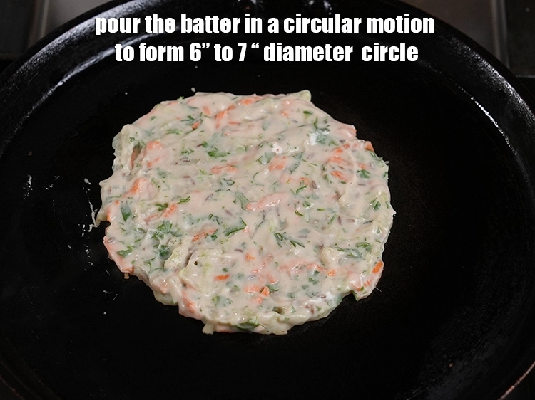 Step 15 – <p><span style="background-color:rgb(255,255,255);color:rgb(34,34,34);">Pour the batter in a circular motion to form 6” to 7 “ diameter …