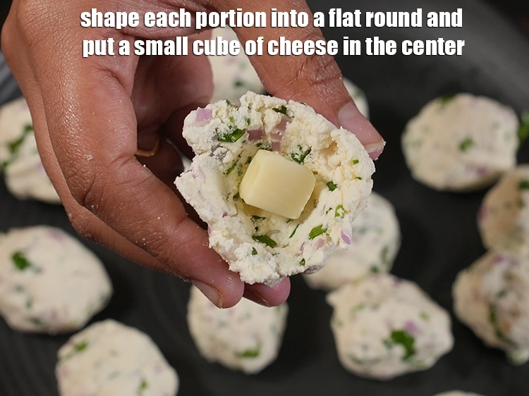 Step 12 – <p><span style="background-color:rgb(255,255,255);color:rgb(0,0,0);">Shape each portion into a flat round and put a small cube of cheese …