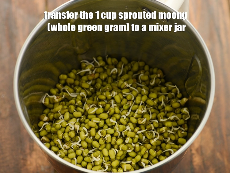 Step 2 – <p>To prepare the <strong>batter for sprouts dhokla</strong>, transfer the sprouted moong to a mixer jar. …