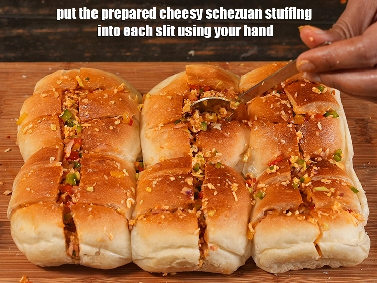 Step 18 – <p><span style="background-color:rgb(255,255,255);color:rgb(0,0,0);">Put the prepared cheesy schezuan stuffing into each slit using your hand.</span></p>