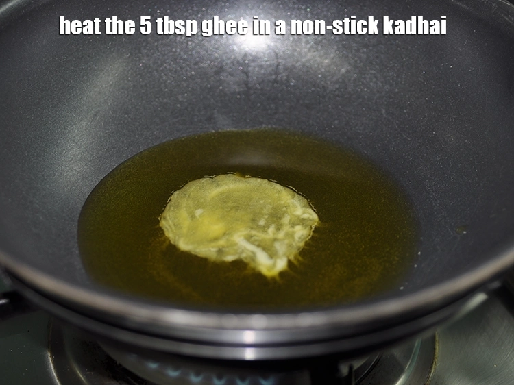 Step 4 – <p>To make sukhdi recipe, heat the <span style="background-color:rgb(255,255,255);color:rgb(0,0,0);">5 tbsp </span><a href="https://www.tarladalal.com/glossary-ghee-245i"><u>ghee</u></a> in a non-stick kadhai.</p>