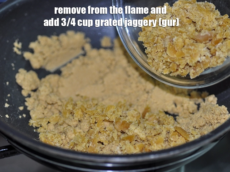 Step 8 – <p>Remove from the flame and add the <span style="background-color:rgb(255,255,255);color:rgb(0,0,0);">3/4 cup </span><a href="https://www.tarladalal.com/glossary-jaggery-gur-gud-kala-gud-477i#ing_2806"><u>grated jaggery (gur)</u></a>. Do …