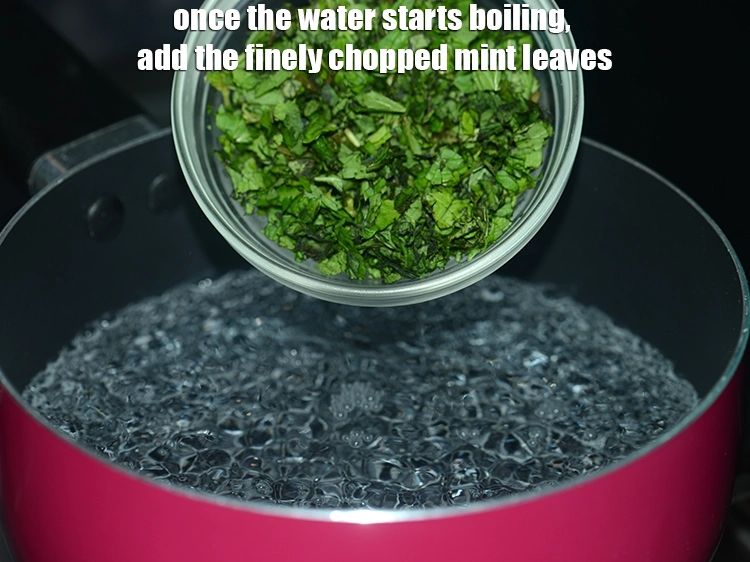 Step 15 – <p>Once the water starts boiling, add the finely chopped mint leaves.</p>