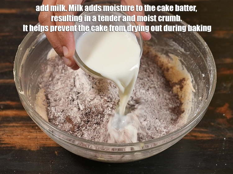 Step 74 – <p>Add ¼ cup <a href="https://www.tarladalal.in/glossary-milk-doodh-full-cream-milk-514i"><u>milk</u></a>. Milk adds moisture to the cake batter, resulting in a …