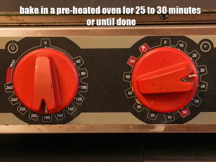 Step 77 – <p>Bake in a pre-heated oven for 25 to 30 minutes or until done.</p>