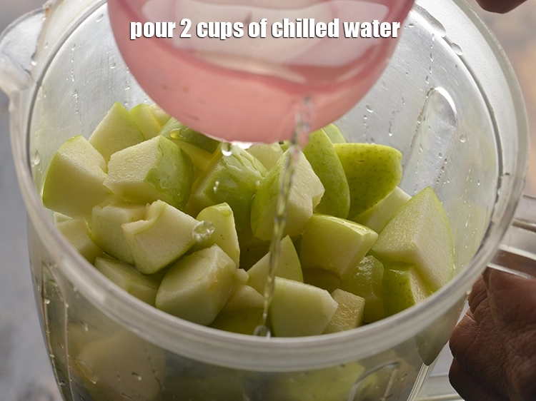 Step 15 – <p>Pour 2 cups of chilled water to the&nbsp;<strong>Palak Kale and Apple Juice mixture</strong>.</p>