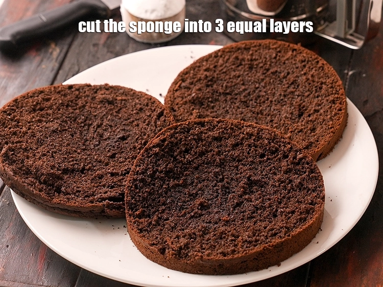 Step 13 – <p>Cut the sponge into 3 equal layers. Keep aside.</p>
