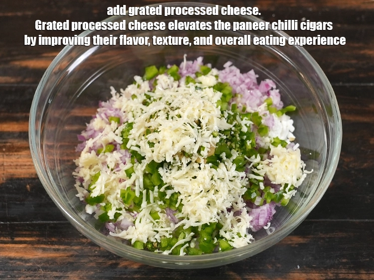 Step 8 – <p>Add 1/4 cup grated processed cheese. Grated processed cheese elevates the paneer chilli cigars by …