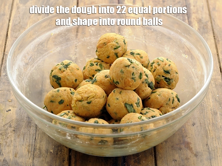 Step 13 – <p>Divide the <strong>methi thepla dough</strong> into 22 equal portions and shape into round balls.</p>