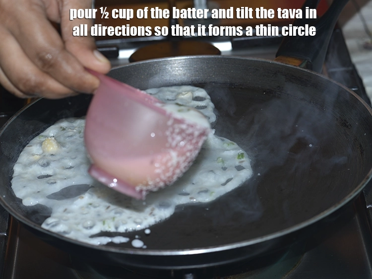 Step 34 – <p><span style="background-color:rgb(255,255,255);color:rgb(0,0,0);">While pouring the batter, pour it from top of the tava, this helps to …