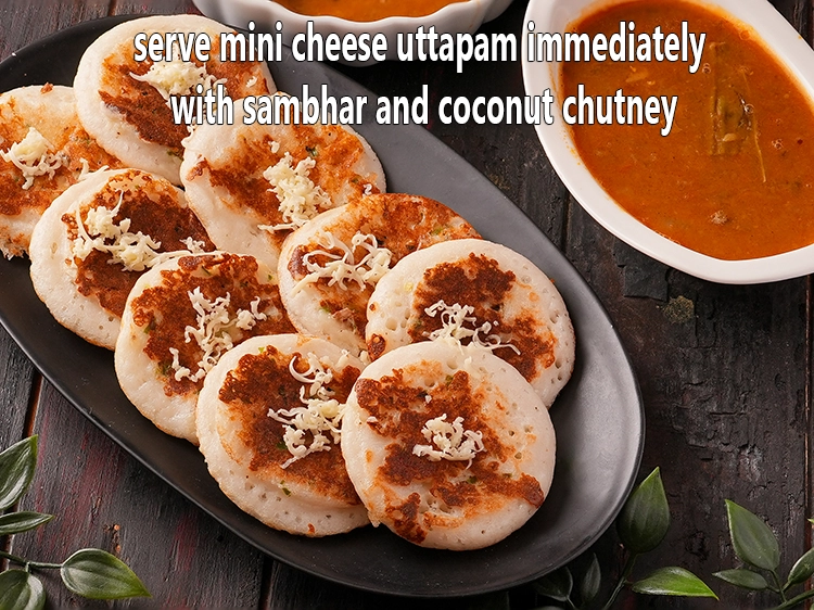 Step 12 – <p>Serve mini cheese uttapam immediately with sambhar and coconut chutney.</p>