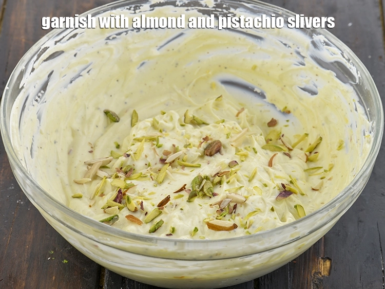 Step 19 – <p>Garnish&nbsp;<strong>Kesar Eliachi Shrikhand&nbsp;</strong>with almond and pistachio slivers.</p>