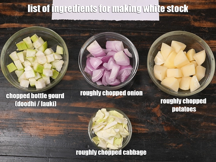 Step 2 – <p><i><u>See the below image of list of ingredients for making white stock for soups.</u></i></p>