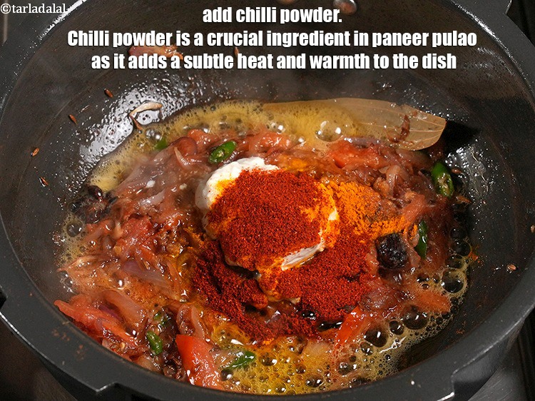 Step 39 – <p>Add 1 tsp <a href="https://www.tarladalal.com/glossary-chilli-powder-red-chilli-powder-339i">chilli powder</a>. Chilli powder is a crucial ingredient in paneer pulao …