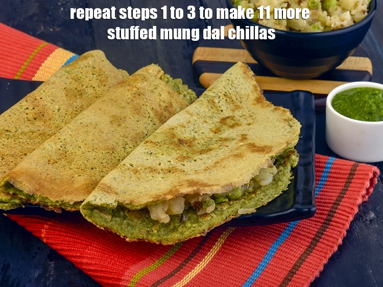 Step 30 – <p>Repeat steps 1 to 3 to make 11 more <strong>stuffed mung dal chillas</strong>.</p>
