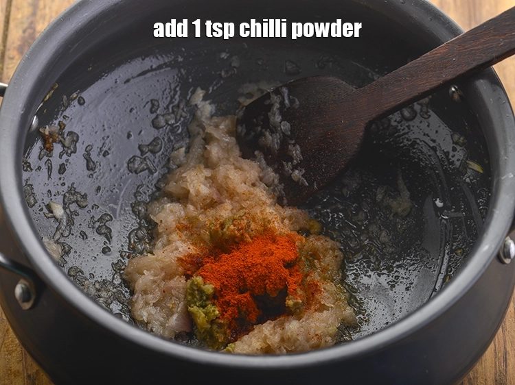 Step 23 – <p>Add the <span style="background-color:rgb(255,255,255);color:rgb(0,0,0);">1 tsp </span><a href="https://www.tarladalal.com/glossary-chilli-powder-red-chilli-powder-339i"><u>chilli powder</u></a>. Also, you can add Kashmiri red chilli …