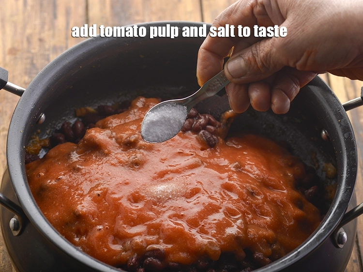 Step 27 – <p>Add the prepared tomato pulp and <a href="https://www.tarladalal.com/glossary-salt-namak-table-salt-418i"><u>salt </u></a><span style="background-color:rgb(255,255,255);color:rgb(0,0,0);">to taste</span>. The addition of salt …