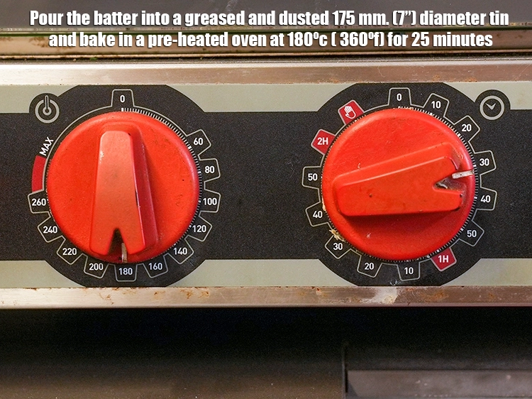 Step 4 – <p><span style="background-color:rgb(255,255,255);color:rgb(0,0,0);">Pour the batter into a greased and dusted 175 mm. (7”) diameter tin and …