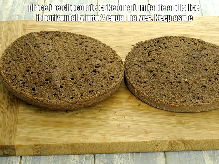 Step 7 – <p><span style="background-color:rgb(255,255,255);color:rgb(0,0,0);">Place the chocolate cake on a turntable and slice it horizontally into 2 equal …