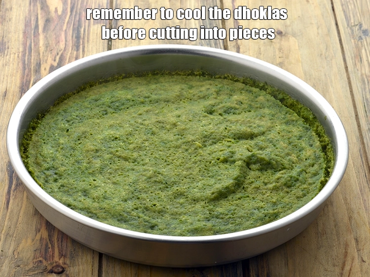 Step 25 – <p>Remember to cool the dhoklas before cutting into pieces. This is necessary to get uniform …