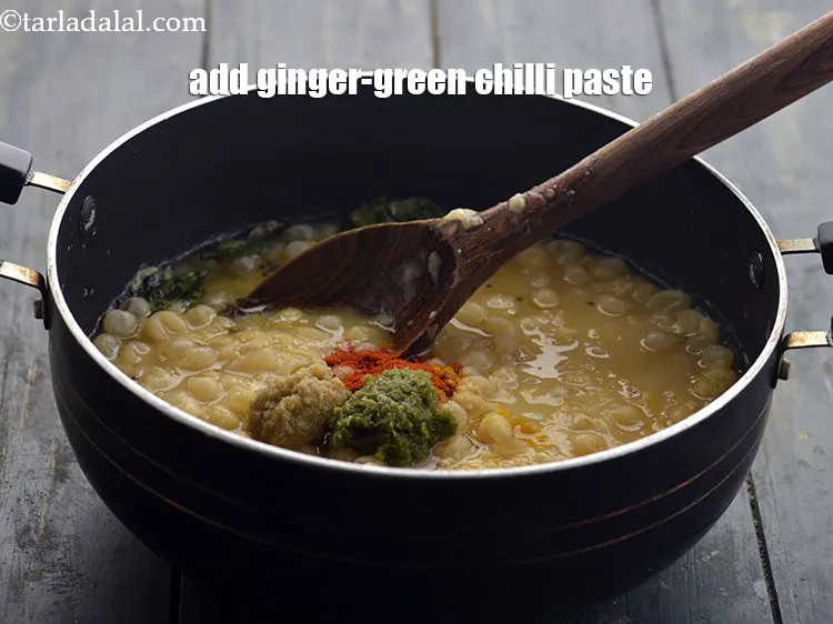 Step 18 – <p>Add the <a href="https://www.tarladalal.com/Ginger-Green-Chilli-Paste-33529r">ginger-green chilli paste</a>. My freezer is always stocked with this.</p>