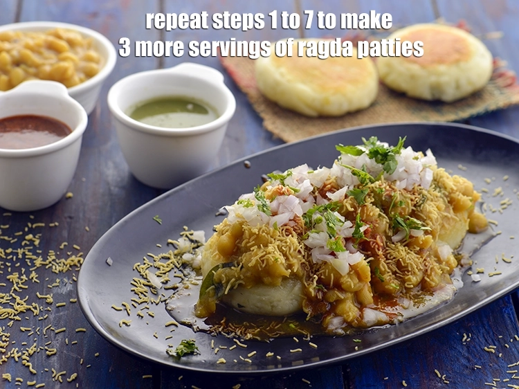Step 53 – <p>Repeat steps 1 to 7 to make 3 more servings of <strong>ragda patties</strong>.</p>