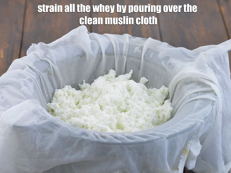Step 9 – <p>Strain all the whey by pouring over the clean muslin cloth.</p>