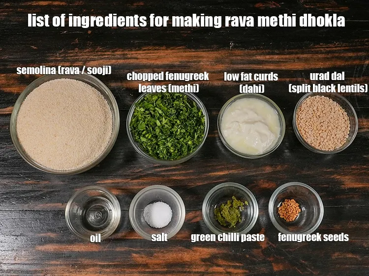 Step 2 – <p><i><u>See the below image of list of ingredients for making rava methi dhokla recipe.</u></i></p>