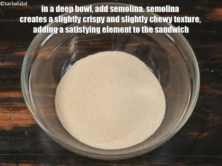 Step 3 – <p>In a deep bowl, add 1 cup <a href="https://www.tarladalal.com/glossary-semolina-sooji-rava-rawa-603i">semolina (rava / sooji)</a>. semolina creates a …