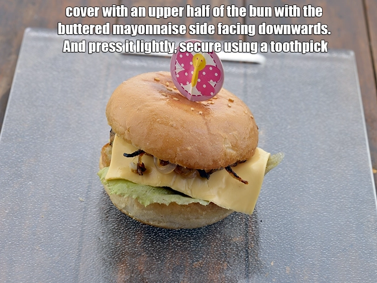 Step 14 – <p><span style="background-color:rgb(255,255,255);color:rgb(0,0,0);">Cover with an upper half of the bun with the buttered mayonnaise side facing …