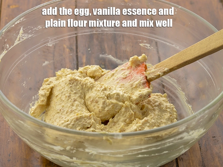 Step 3 – <p>Add the <a href="https://www.tarladalal.com/glossary-eggs-anda-baida-398i"><u>egg</u></a>, <a href="https://www.tarladalal.com/glossary-vanilla-essence-406i"><u>vanilla essence</u></a> and <a href="https://www.tarladalal.com/glossary-plain-flour-maida-188i"><u>plain flour (maida)</u></a> mixture and mix …