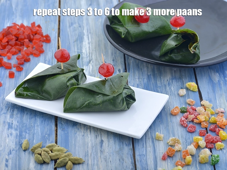 Step 7 – <p><span style="background-color:rgb(255,255,255);color:rgb(0,0,0);">Repeat steps 3 to 6 to make 3 more </span><strong>Meetha Paan.</strong></p>
