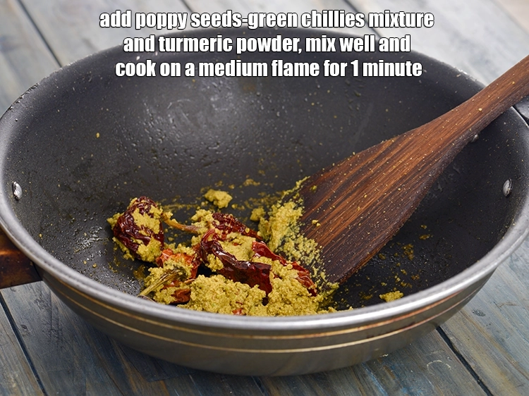 Step 5 – <p>Add <span style="background-color:rgb(255,255,255);color:rgb(0,0,0);">poppy seeds-green chillies mixture and 1/2 tsp </span><a href="https://www.tarladalal.com/glossary-turmeric-powder-haldi-645i"><u>turmeric powder (haldi)</u></a><span style="background-color:rgb(255,255,255);color:rgb(0,0,0);">, mix …