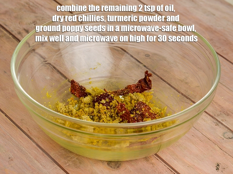 Step 4 – <p><span style="background-color:rgb(255,255,255);color:rgb(0,0,0);">Combine the remaining 2 tsp of </span><a href="https://www.tarladalal.com/glossary-oil-671i"><u>oil</u></a><span style="background-color:rgb(255,255,255);color:rgb(0,0,0);">, 3 </span><a href="https://www.tarladalal.com/glossary-whole-dry-kashmiri-red-chillies-kashmiri-mirch-kashmiri-lal-mirch-332i"><u>whole dry Kashmiri …