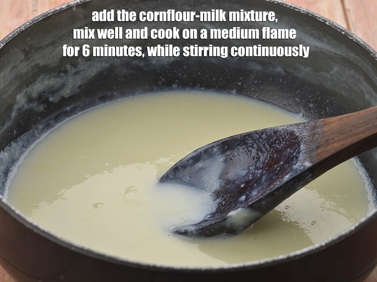 Step 3 – <p><span style="background-color:rgb(255,255,255);color:rgb(0,0,0);">Add the cornflour-milk mixture, mix well and cook on a medium flame for 6 …