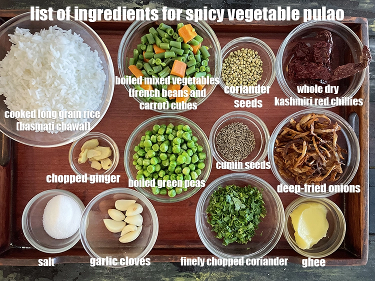 Step 2 – <p><strong>what is spicy vegetable pulao made of ?</strong> <i><u>See below image of list of ingredients …