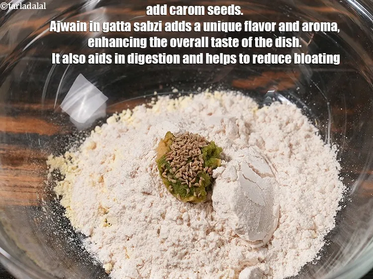 Step 6 – <p>Add 1/8 tsp <a href="https://www.tarladalal.com/glossary-carom-seeds-ajwain-thymol-seeds-bishops-weed-266i">carom seeds (ajwain)</a>. Ajwain (carom seeds) in gatta sabzi adds a …