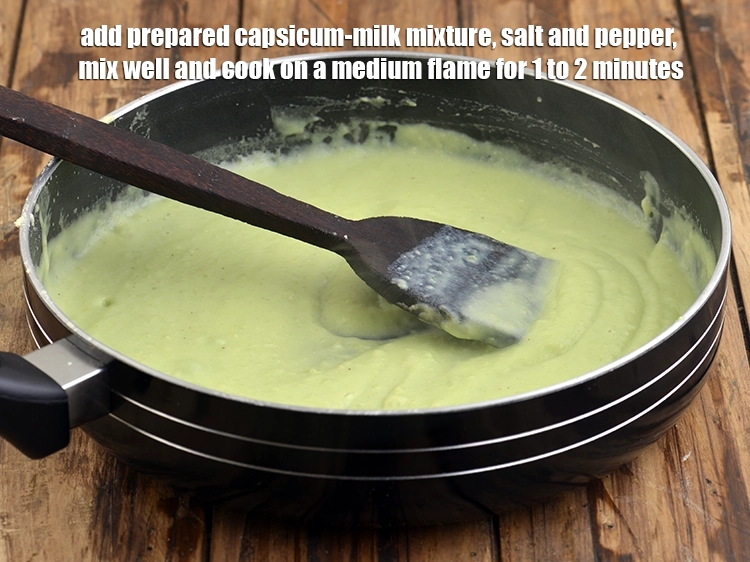 Step 5 – <p><span style="background-color:rgb(255,255,255);color:rgb(0,0,0);">Add the prepared capsicum-milk mixture, </span><a href="https://www.tarladalal.com/glossary-salt-namak-table-salt-418i"><u>salt </u></a><span style="background-color:rgb(255,255,255);color:rgb(0,0,0);">to taste and pepper, mix well …