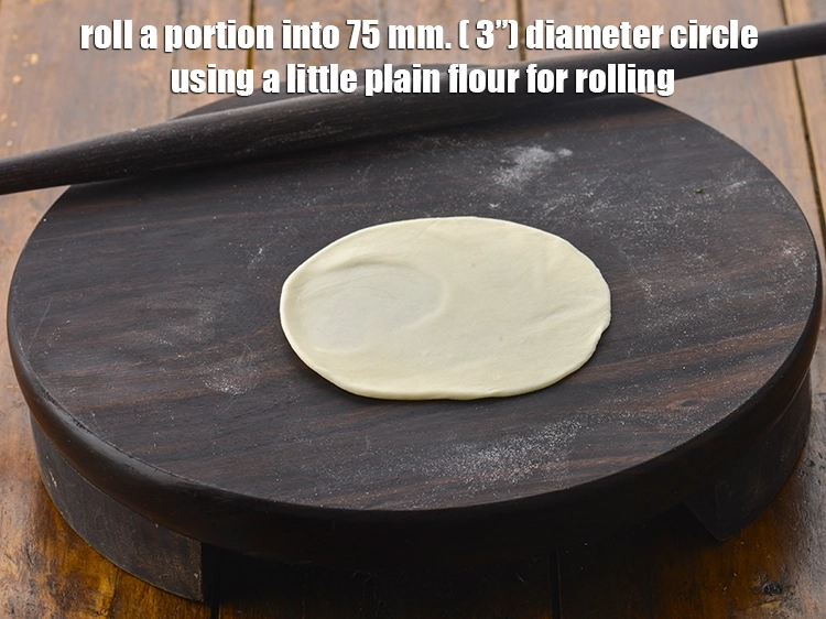 Step 7 – <p><span style="background-color:rgb(255,255,255);color:rgb(0,0,0);">Roll a portion into 75 mm. ( 3”) diameter circle using a little plain …