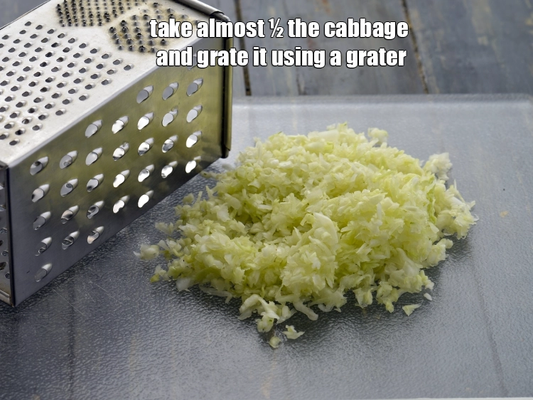 Step 2 – <p>For the dough of <strong>low fat&nbsp;cabbage muthias</strong>, take almost ½ the <a href="https://www.tarladalal.com/glossary-cabbage-patta-gobi-kobi-248i#ing_2399"><u>cabbage</u></a> and grate …