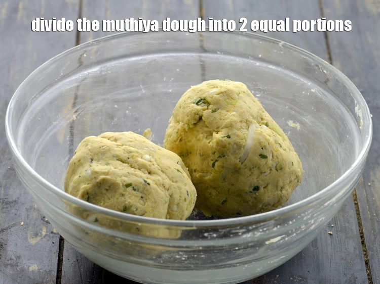 Step 15 – <p>Divide the Gujarati <strong>cabbage muthiya</strong> dough into 2 equal portions. Remember to make the dumplings …