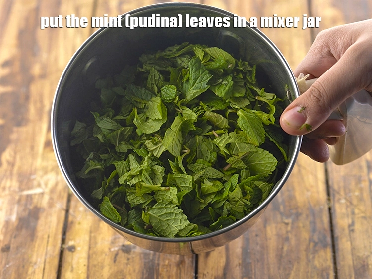 Step 10 – <p>Put the <span style="background-color:rgb(255,255,255);color:rgb(0,0,0);">2 cups </span><a href="https://www.tarladalal.com/glossary-mint-leaves-pudina-phudina-521i#ing_2368"><u>chopped mint leaves (phudina)</u></a> in a mixer jar.</p>